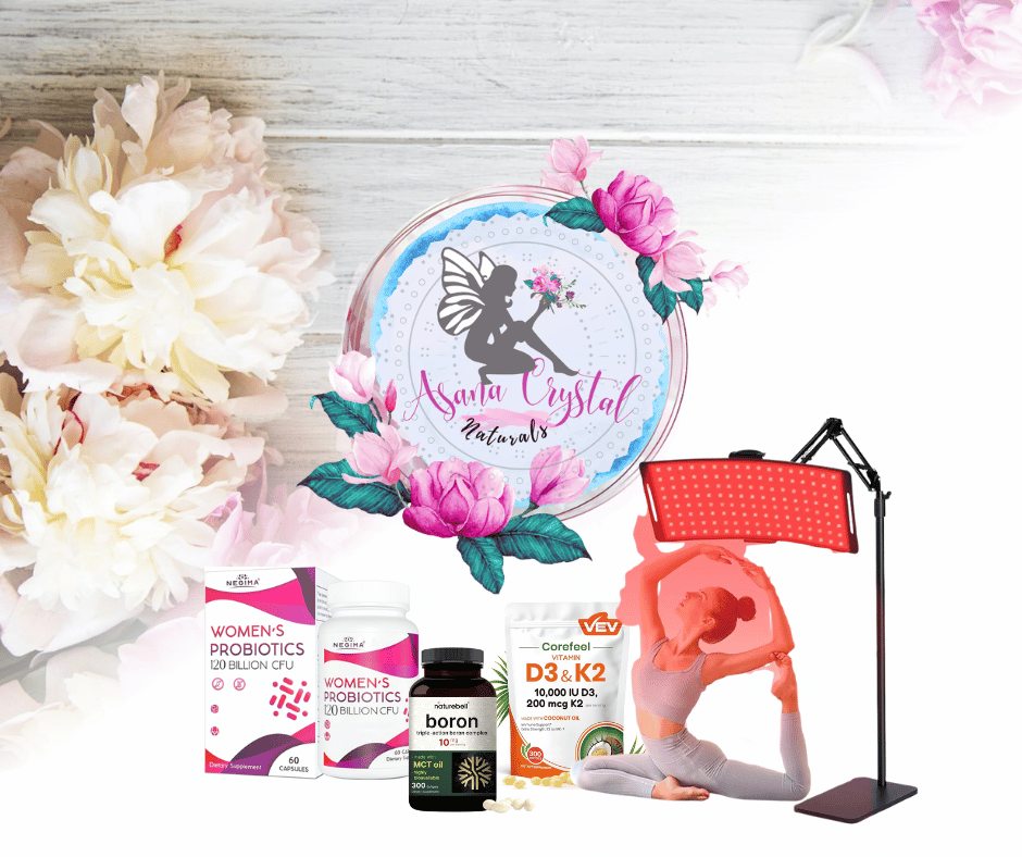 Asana Crystal Naturals wellness toolkit featuring women's probiotics, boron, MCT oil, D3 and K2 supplements with red light therapy