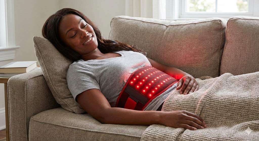Red light therapy device used as part of a holistic menstrual wellness routine