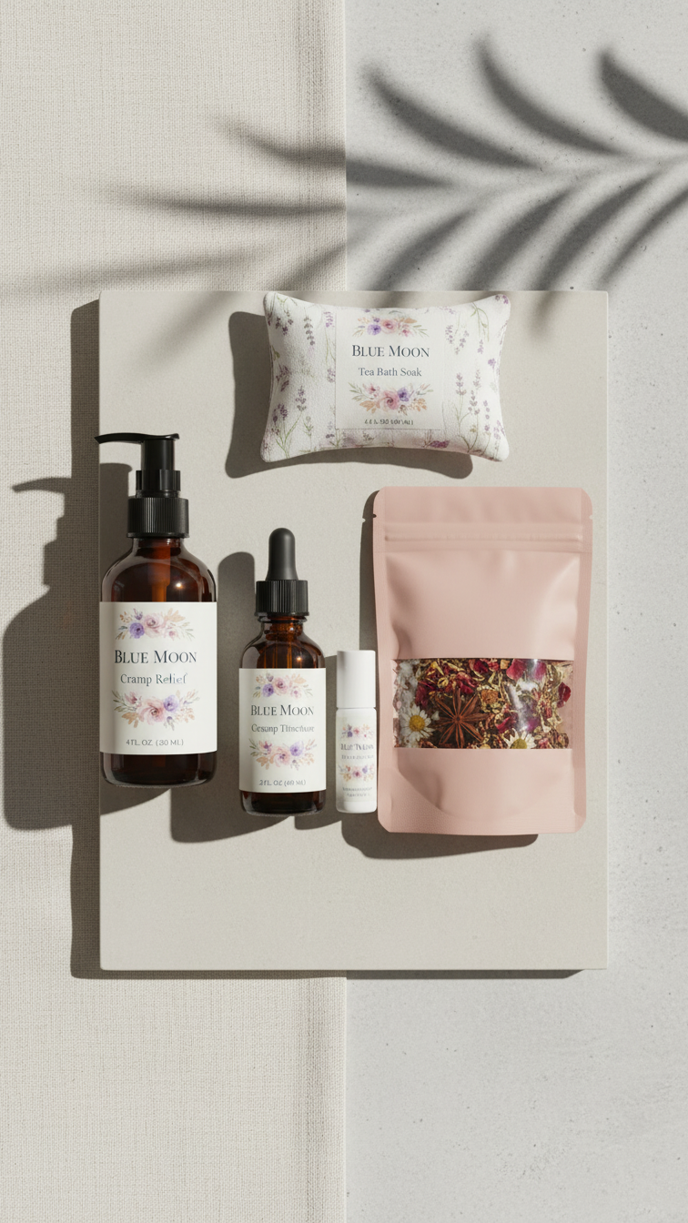 Blue Moon herbal collection for perimenopause support — includes body oil, serum, herbal tea blend, and lavender eye pillow