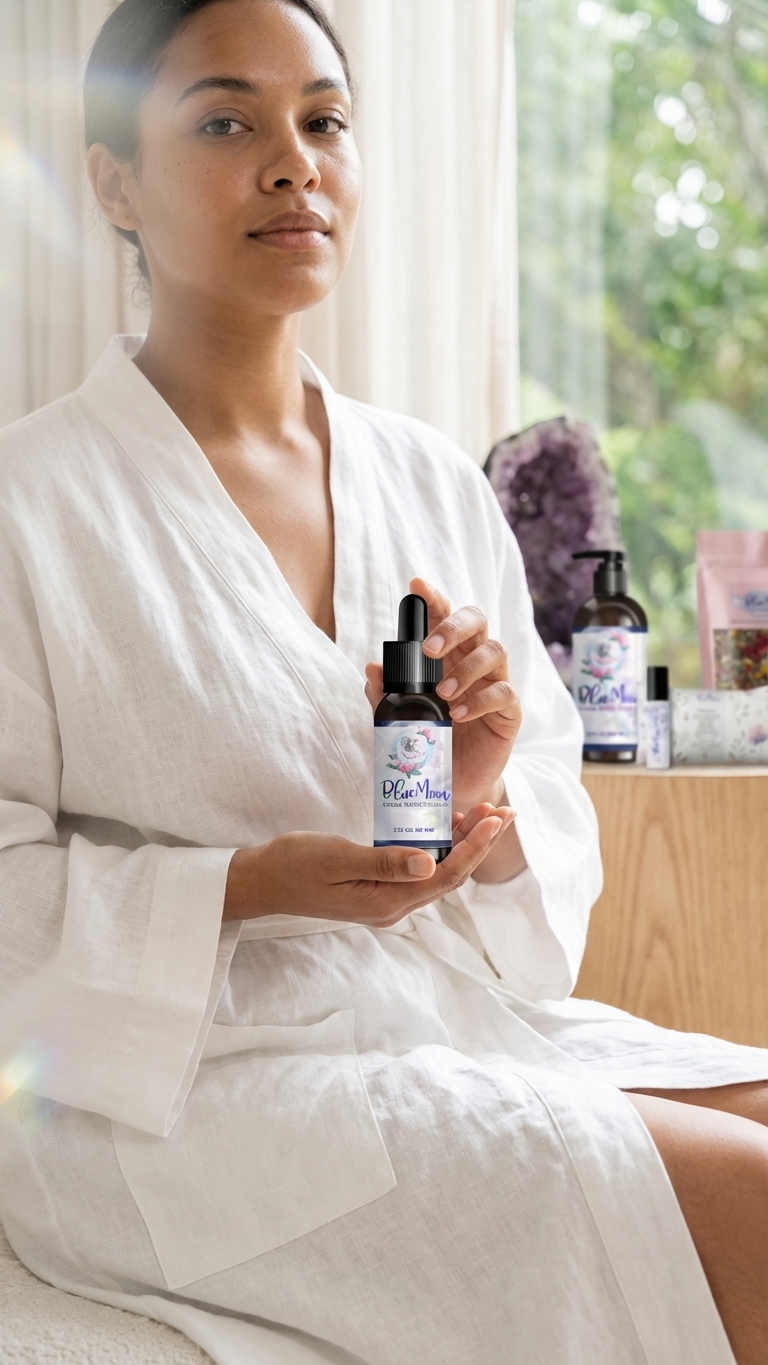 Woman in white robe holding Blue Moon herbal body oil during a calming self-care ritual