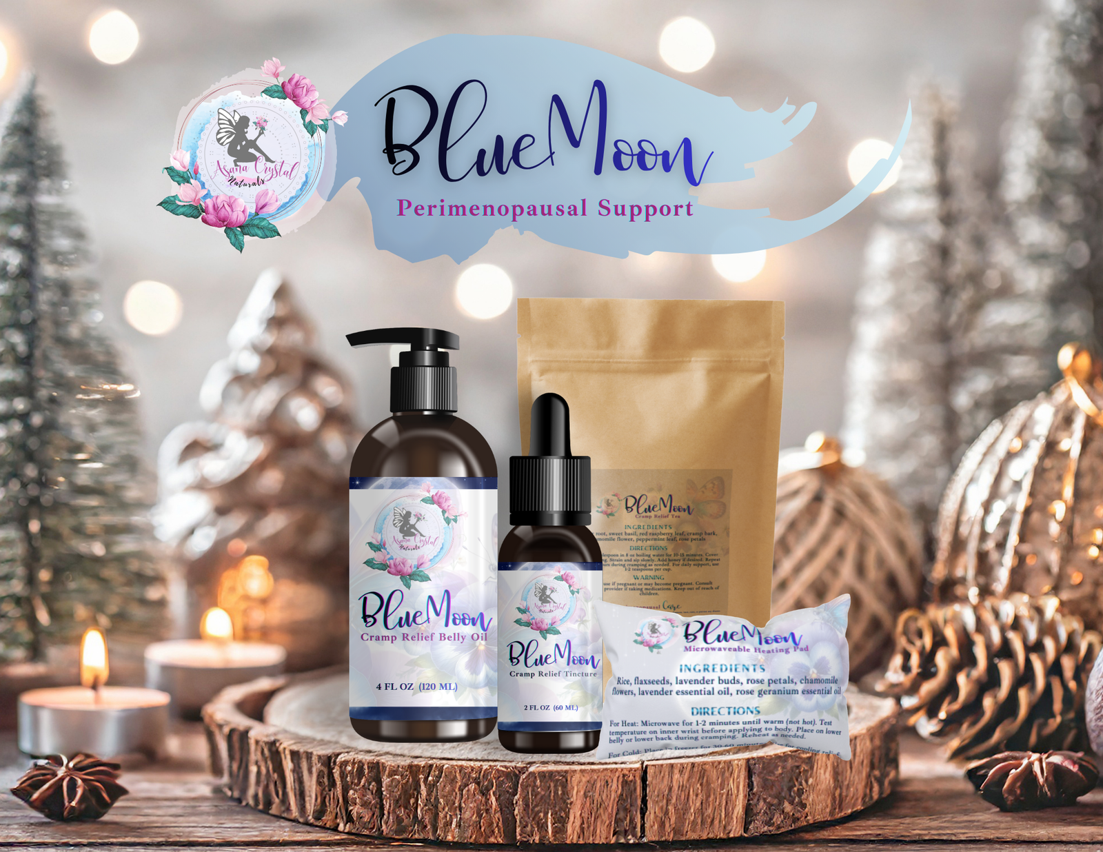 Tamie Myers preparing Blue Moon herbal blends with dried herbs and tincture bottles on a wooden table